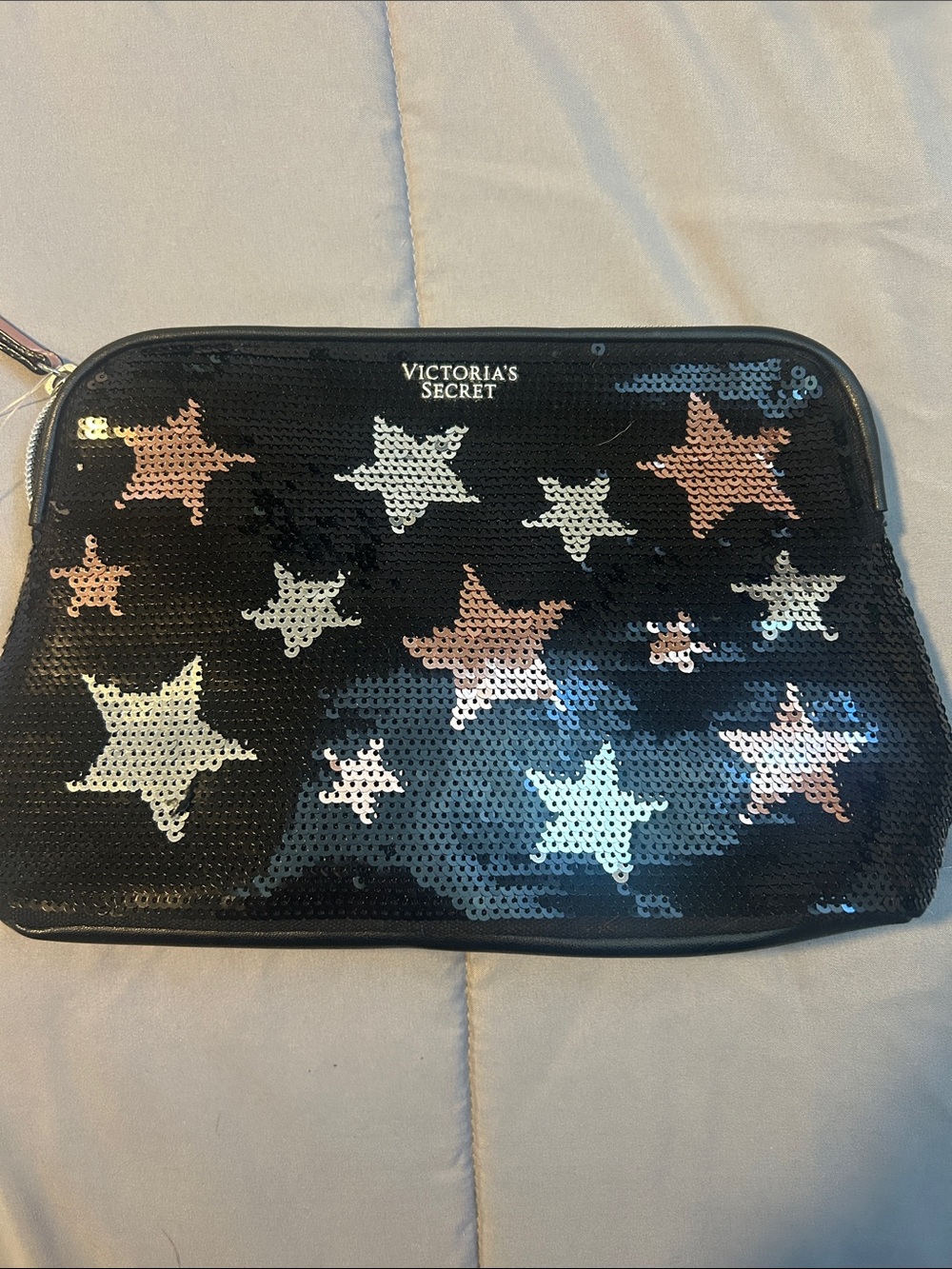 Victoria's Secret Black Sequin Star Pouch with Silver & Rose Gold Stars